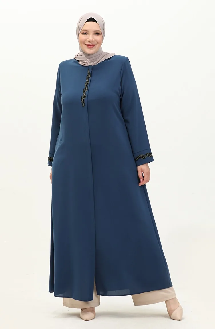 عباءة بتصميم مُزين بالأحجار و بمقاسات كبيرة 6126-01 لون نيلي 6126-01