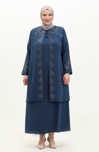 Übergröße Stein bedrucktes Kleid 6127-06 Indigo 6127-06