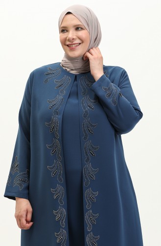 Übergröße Stein bedrucktes Kleid 6127-06 Indigo 6127-06