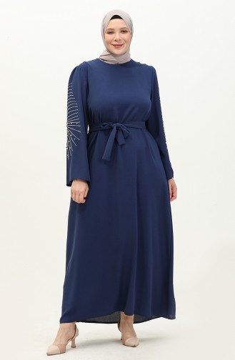 Büyük Beden Taşlı Kuşaklı Elbise 3005-02 Lacivert