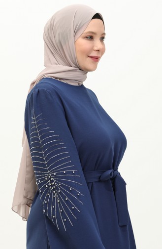 Büyük Beden Taşlı Kuşaklı Elbise 3005-02 Lacivert