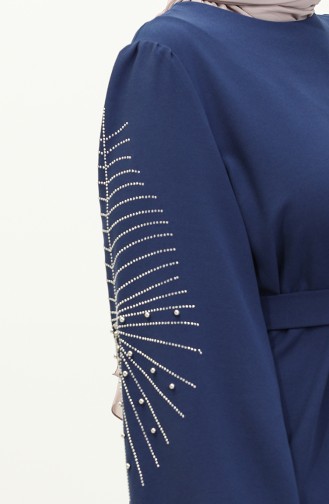 Büyük Beden Taşlı Kuşaklı Elbise 3005-02 Lacivert