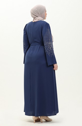 Büyük Beden Taşlı Kuşaklı Elbise 3005-02 Lacivert