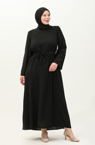 Büyük Beden Taşlı Kuşaklı Elbise 3005-03 Siyah