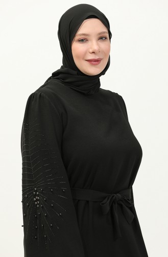 Büyük Beden Taşlı Kuşaklı Elbise 3005-03 Siyah