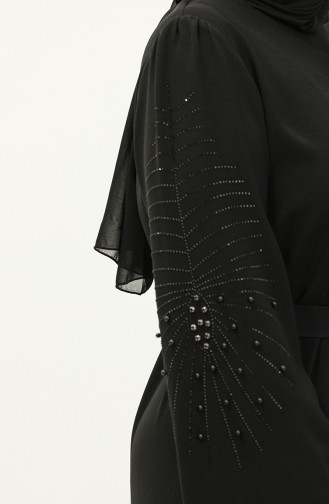 Büyük Beden Taşlı Kuşaklı Elbise 3005-03 Siyah