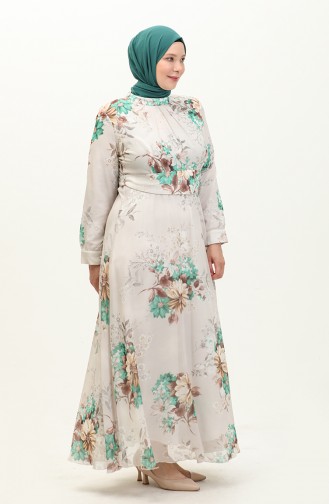 Plus Size Floral Chiffon Dress 3031-03 Ecru Green 3031-03