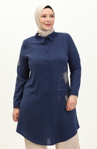 Büyük Beden Taş Baskılı Krep Tunik 2038-01 Lacivert