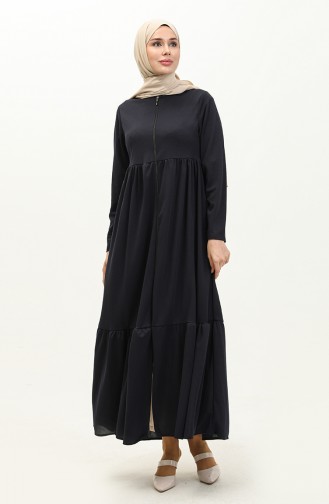 Shirred Zippered Abaya 0695-01 Dark Blue 0695-01