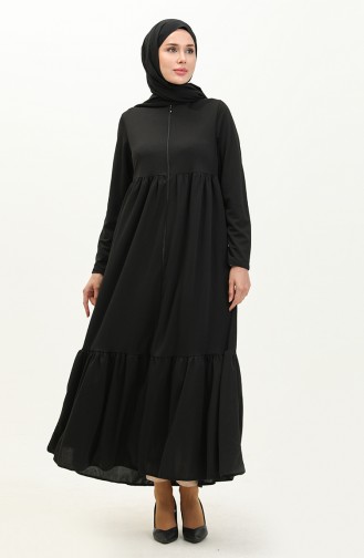 Shirred Zippered Abaya 0695-03 Black 0695-03