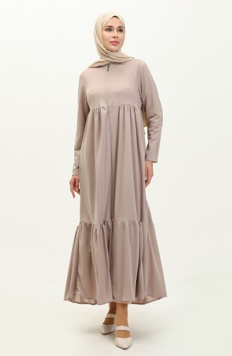 Shirred Zippered Abaya 0695-05 Beige 0695-05