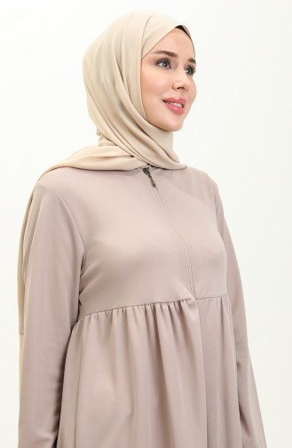 Shirred Zippered Abaya 0695-05 Beige 0695-05