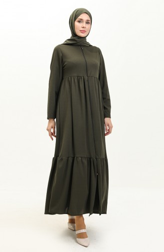 Shirred Zippered Abaya 0695-07 Khaki 0695-07