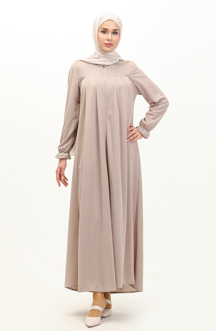 Yoke And Zippered Abaya 0702-08 Beige 0702-08 | Sefamerve