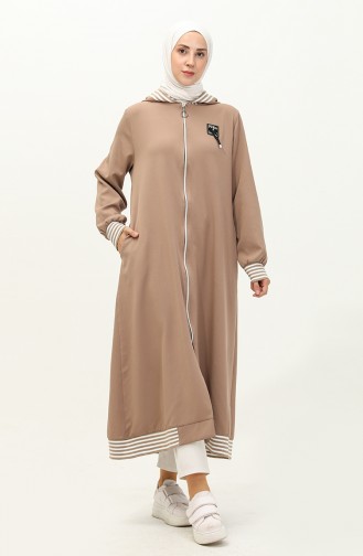 Fermuarlı Kapşonlu Ferace Vizon 19126