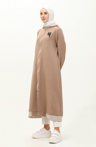 Fermuarlı Kapşonlu Ferace Vizon 19126