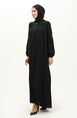 Pleated Zippered Abaya 6083-05 Black 6083-05