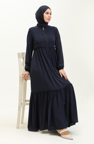 Abaya Plissée en Soie Medina 6085-04 Bleu Marine 6085-04