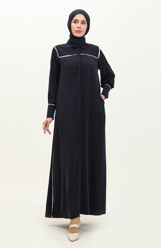 Hidden Placket Abaya 24Y9023-04 Navy Blue 24Y9023-04