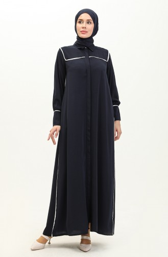 Hidden Placket Abaya 24Y9023-04 Navy Blue 24Y9023-04