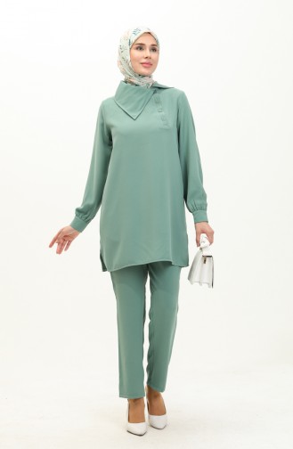 Yaka Detaylı Tunik Pantolon İkili Takım 70038-06 Çağla Yeşili