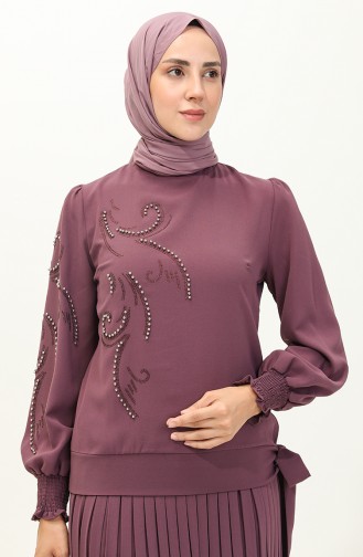 İncili Bluz Etek İkili Takım 2045-02 Mor