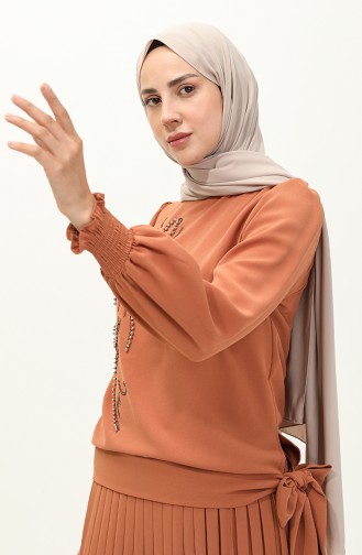 İncili Bluz Etek İkili Takım 2045-05 Taba