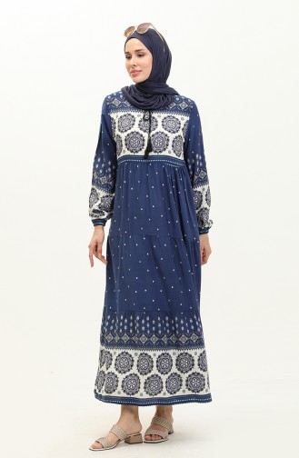 Patterned Viscose Dress 4115-07 Navy Blue Cream 4115-07