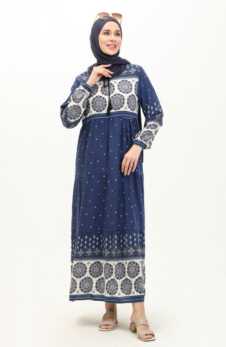 Patterned Viscose Dress 4115-07 Navy Blue Cream 4115-07