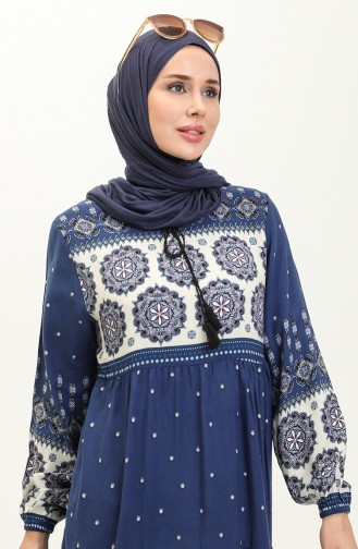 Patterned Viscose Dress 4115-07 Navy Blue Cream 4115-07