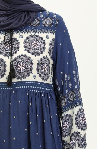 Patterned Viscose Dress 4115-07 Navy Blue Cream 4115-07