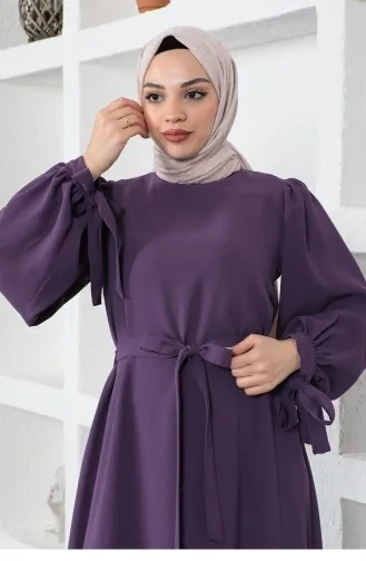Kolları Bağlamalı Tesettür Elbise Mor