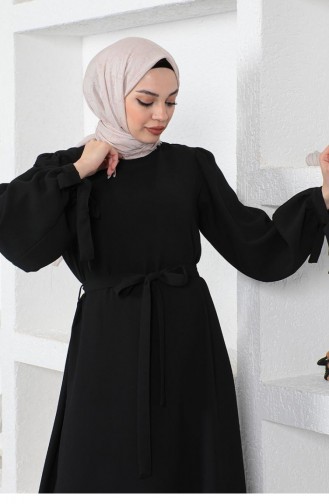 Kolları Bağlamalı Tesettür Elbise Siyah