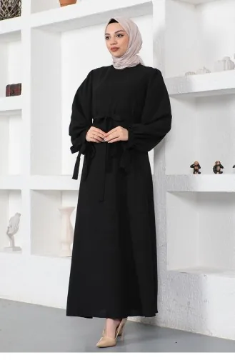 Kolları Bağlamalı Tesettür Elbise Siyah