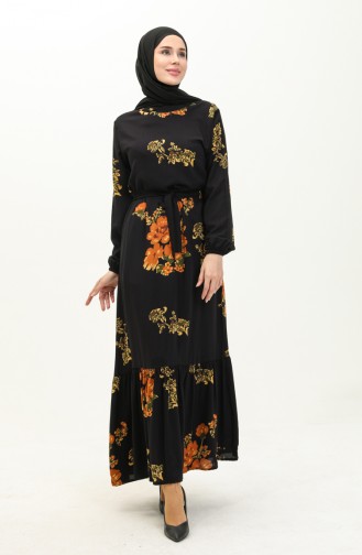 Desenli Kuşaklı Elbise 0200-01 Siyah Hardal