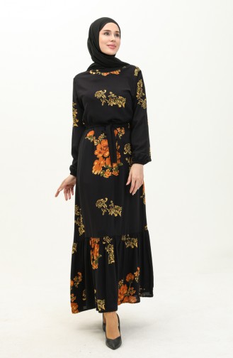 Patterned Belted Dress 0200-01 Mustard 0200-01