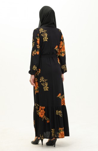 Desenli Kuşaklı Elbise 0200-01 Siyah Hardal