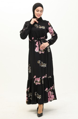 Gemustertes Kleid mit Gürtel 0200-02 Schwarz Rose 0200-02