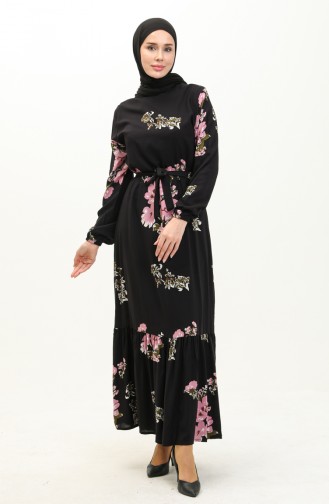 Gemustertes Kleid mit Gürtel 0200-02 Schwarz Rose 0200-02