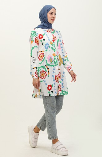 Patterned Shirt Tunic 4431-02 Ecru Green 4431-02