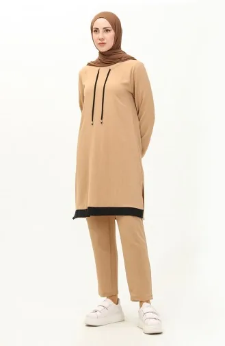 Aerobin Kumaş Garnili Tunik Pantolon İkili Takım 1003-07 Vizon