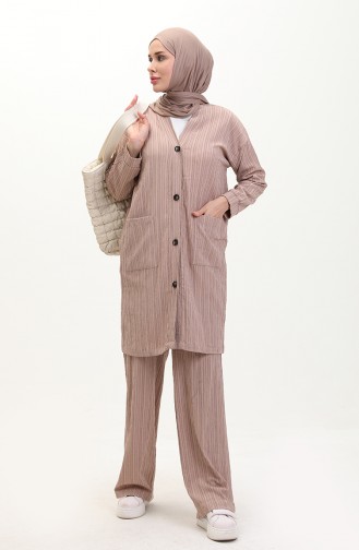 Buttoned Cardigan Pants Double Set 3506-01 Mink 3506-01