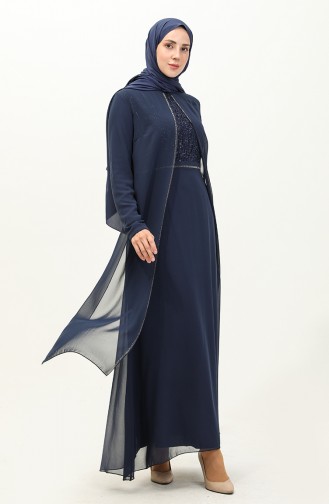 Robe de Soirée en Mousseline de Soie 52871-03 Bleu Marine 52871-03