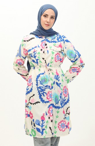Tunique Col Chemise 4432-01 Ecru Bleu Roi 4432-01