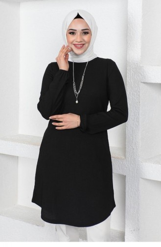 Kolyeli Bürümcük Tunik Siyah