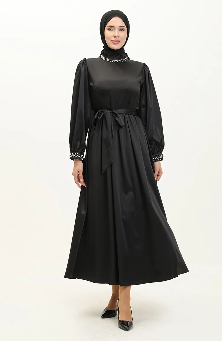 Abendkleid Aus Perlensatin Schwarz 19121 14520