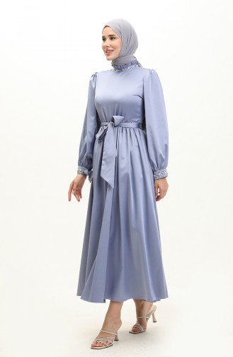 Robe De Soirée En Satin Perlé Bleu 19121 14521