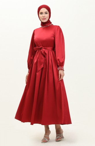Pearled Satin Evening Dress Claret Red 19121 14523