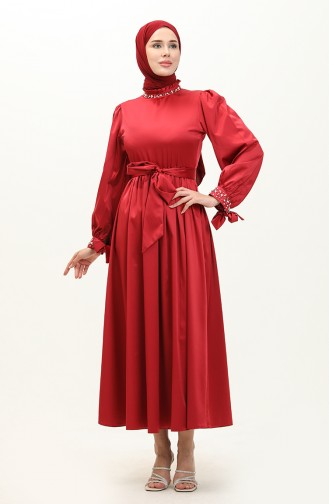 Pearled Satin Evening Dress Claret Red 19121 14523