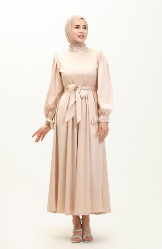 Pearl Satin Evening Dress Beige 19121 14524